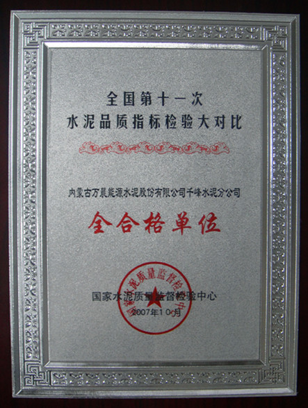 2007年全國第十一次水泥品質(zhì)指標(biāo)檢驗(yàn)大對(duì)比全合格單位